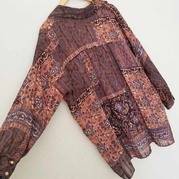 Zara Patchwork Shirt Blouse Top M Oversized Paisley Boho Brown Semi Sheer Collar - Picture 15 of 16